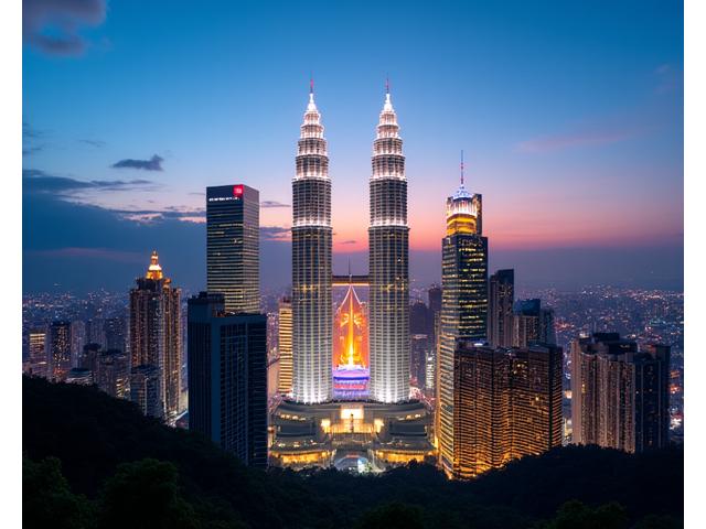The towering Petronas Twin Towers and Kuala Lumpur city skyline at dusk, captured from a unique angle