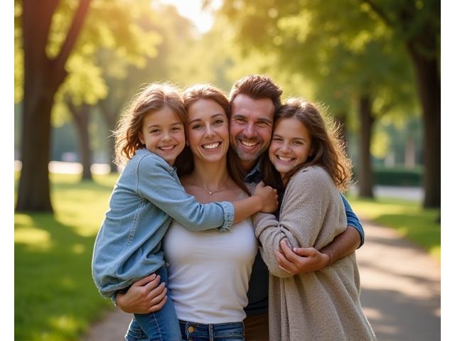 A happy family smiling and embracing in an outdoor park setting, captured with natural light